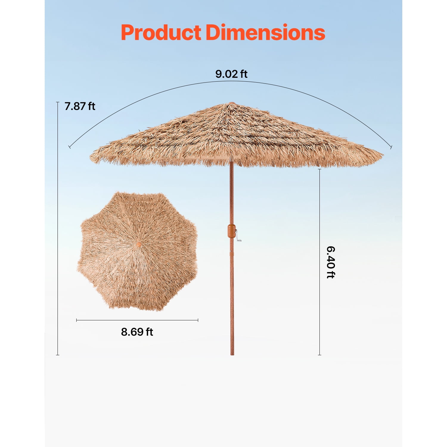 KFFKFF 9 ft Thatched Patio Umbrella with Tilt, Hawaiian-Style Beach Parasol Featuring Durable PP Thatch and 8 Metal Ribs, Grass Umbrella for Poolside, Backyard, Garden, Patio, and Beach
