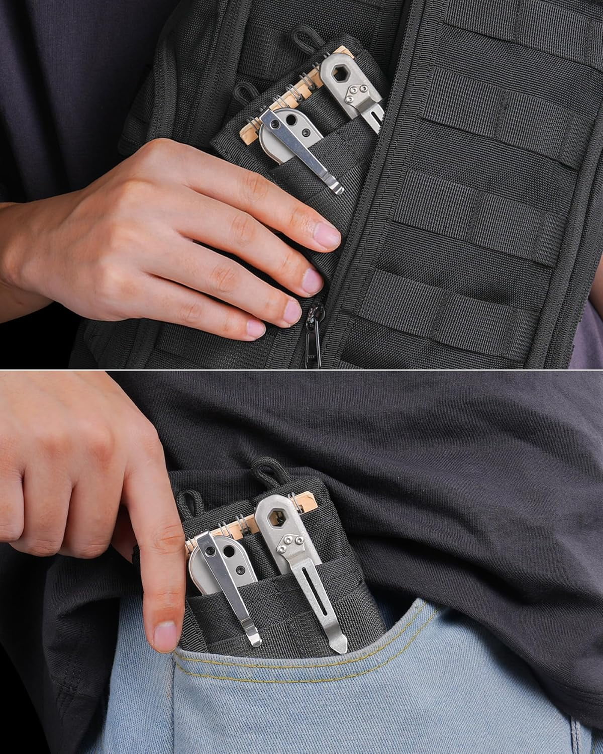 VIPERADE VE18N-M EDC Pouch, Pocket Wallet with 3 EDC Slots+2 Zipper Pockets, 1 Large Pocket for Notebook or Cellphone, Slim EDC Pocket Organizer for Men (Black)