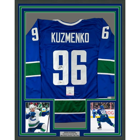 Framed Autographed/Signed Andrei Kuzmenko 35x39 Vancouver Blue Hockey Jersey PSA/DNA COA