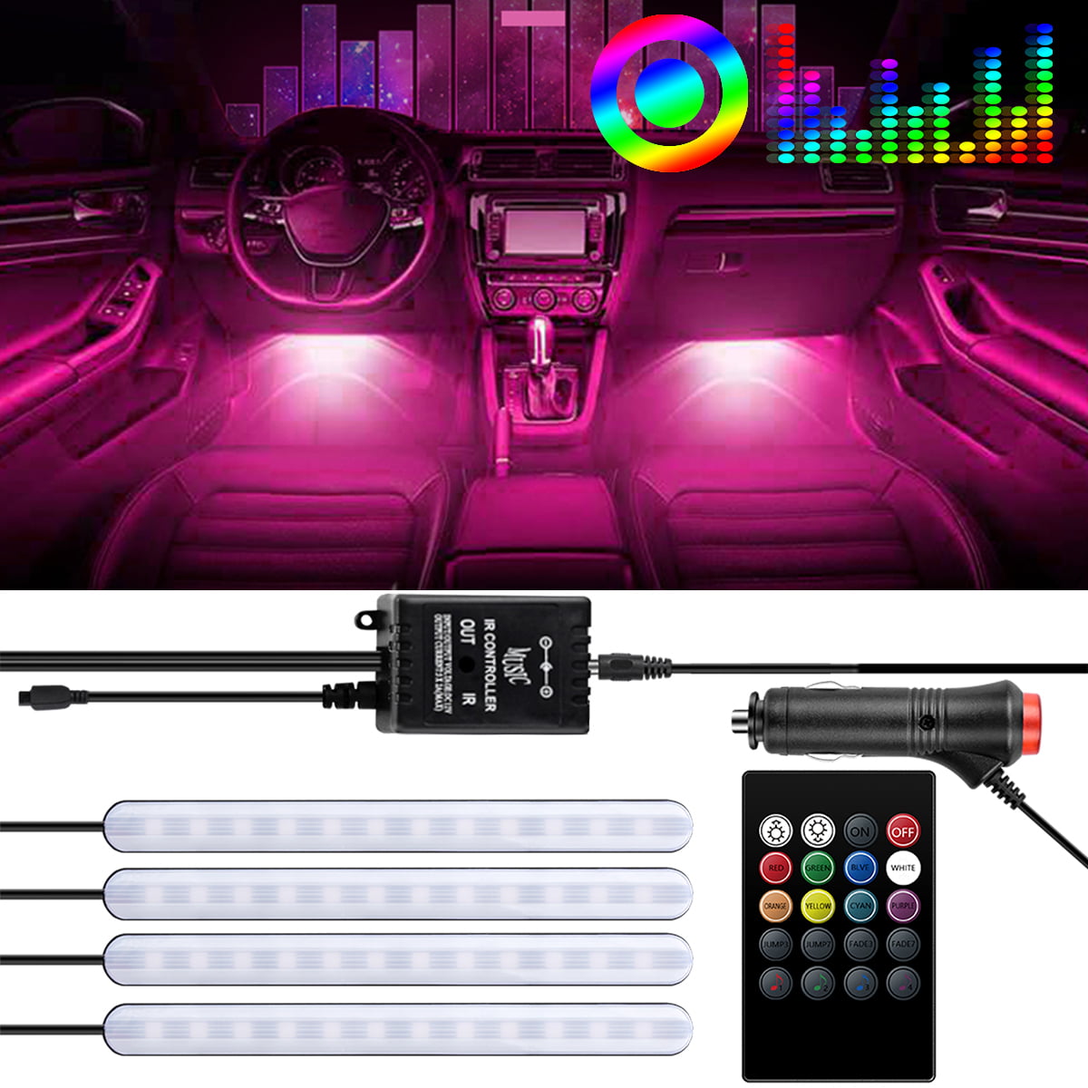 Car Charger Included Controller Led Lights for Cars Led Interior Car Lights Waterproof Multicolor Music Underglow Lighting Kits with Wireless Control and Sound Active Function DC 12V 