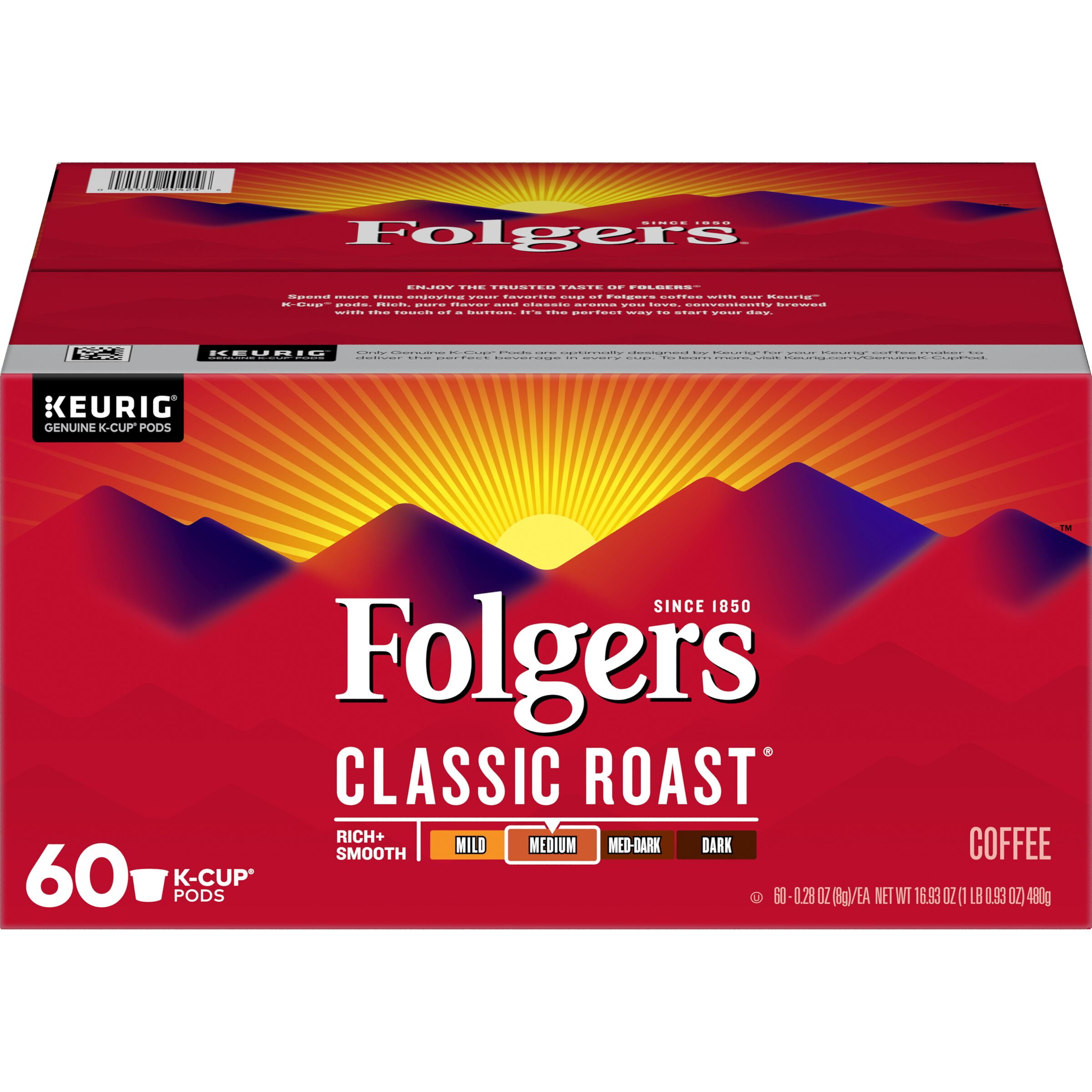 Folgers Classic Roast Coffee KCup Pods, Medium Roast Coffee, 60Count
