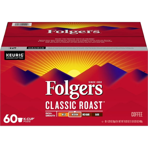 Folgers Classic Roast Coffee KCup Pods, Medium Roast Coffee, 60Count