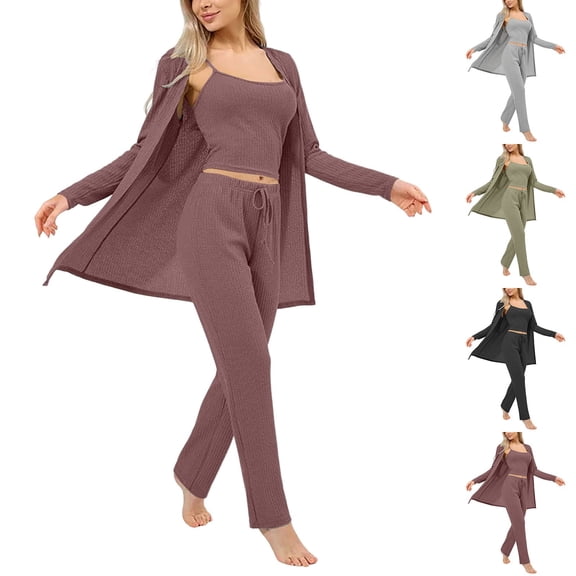CHUMUD Womens Outfits 3 Piece Track Suits Set Long Cardigan Crop Tank Top Straight Leg Pants Matching Tracksuit Sets