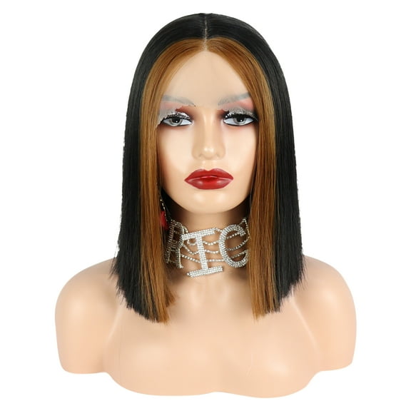 Unique Bargains Lace Front Wigs for Women 14" Black Brown Hightlight Medium Long Straight Hair with Wig Cap Comb