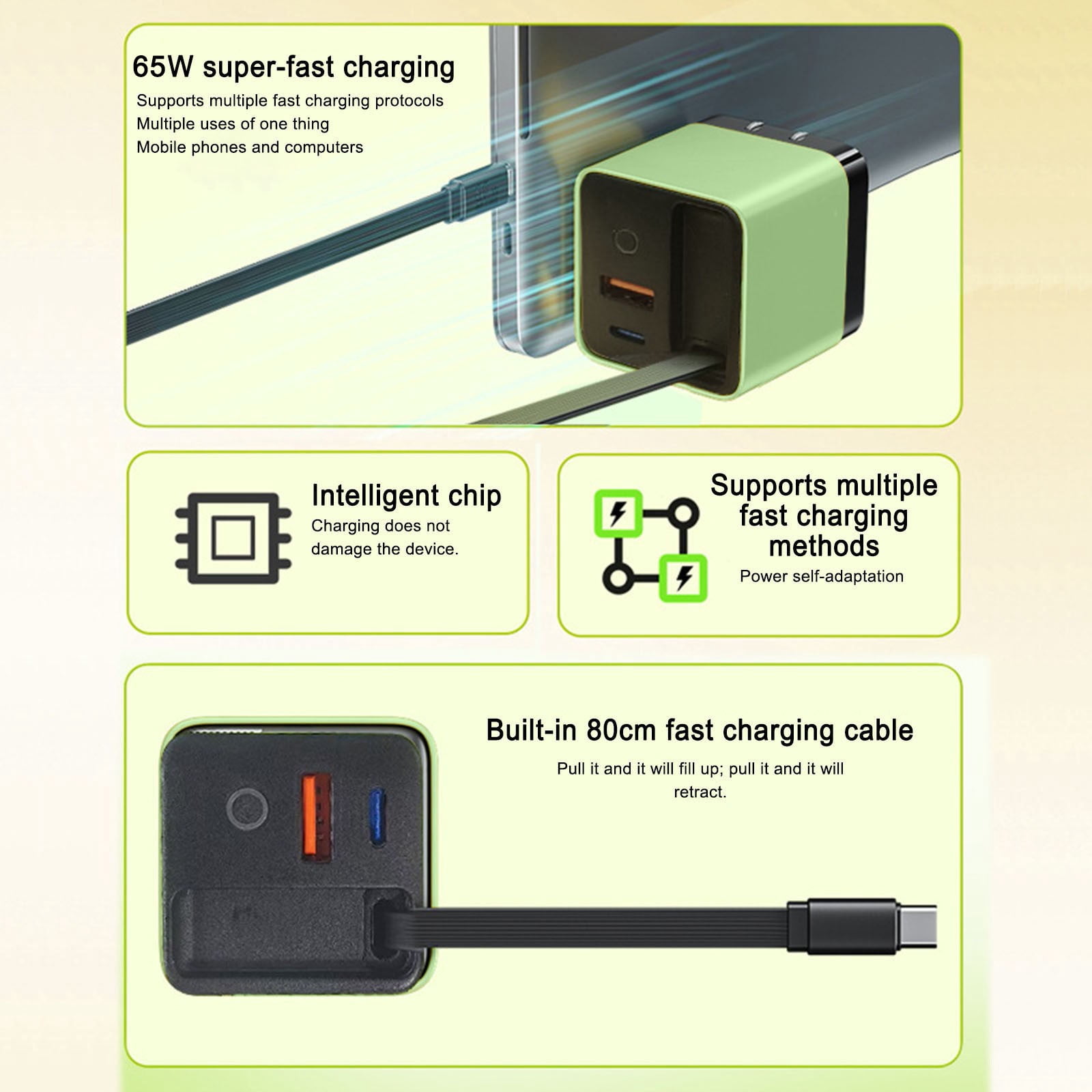 3 in 1 Charger, 1 Pack Retractable Phone Charger Wall Plug with Scalable 65w Max Fast Charging Module, Type C Cable and 2 USB Ports for Phone, Laptops