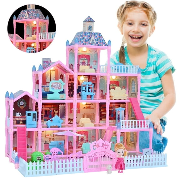Huge Doll House - 285 PCS Girl Toys Large-Scale Dollhouse 12 Rooms Playhouse with LED Lights Furniture and Accessories, Big Doll House for Princess Age 3-8