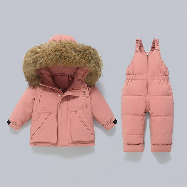 Conjunto de dos piezas de chaqueta y pantalón de esquí para niños, de invierno, grueso, impermeable, resistente al viento y cálido, con capucha y manga larga, con tirantes, de poliéster