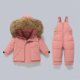 thumbnail image 1 of Conjunto de dos piezas de chaqueta y pantalón de esquí para niños, de invierno, grueso, impermeable, resistente al viento y cálido, con capucha y manga larga, con tirantes, de poliéster, 1 of 7