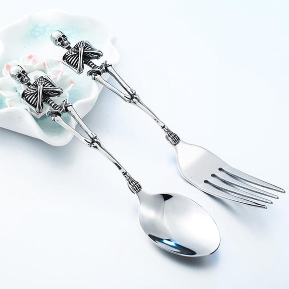 Stainless Steel Skeleton Flatware Set - Funny Skull Fork and Spoon Gothic Cutlery for Halloween, Theme Parties & Novelty Kitchen Decor