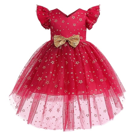 

KIMI BEAR Toddler Baby Girls Dresses 3T Girls Little Princess Style Clothes 4T Girls Grace Gold Bow Printed Mesh Dress Red