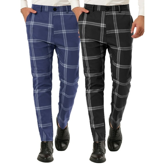 NOMADIC NOOK Men's Flat Front Zipper Checked Printed Business Trousers 2 Pack