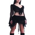thumbnail image 1 of Musuos Women Off Shoulder Sheer Mesh Crop Tops Fringed Irregular Skirt Party Dresses, 1 of 6