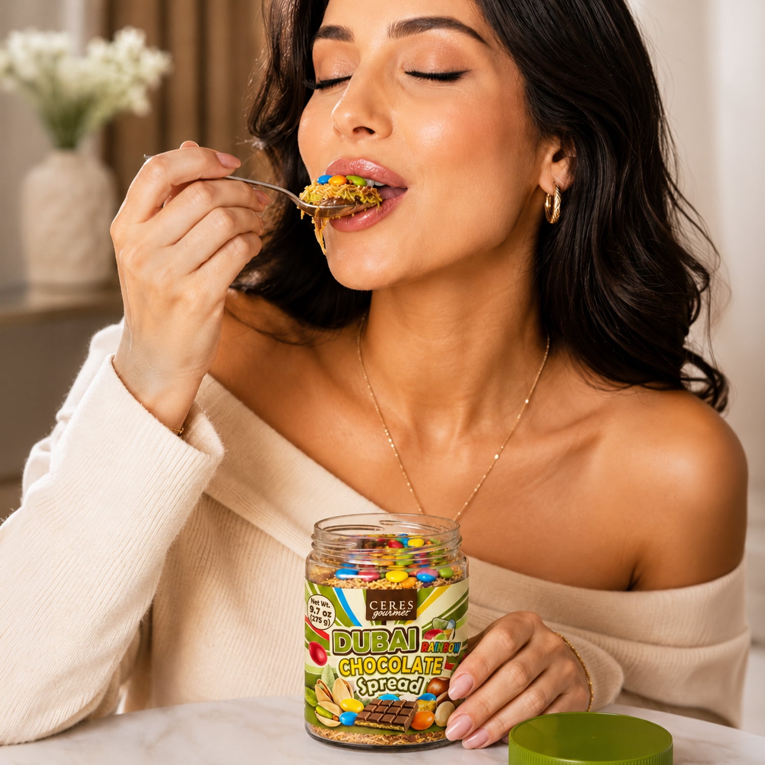 Ceres Gourmet Dubai Chocolate Spread with Candy-Coated Chocolate Pieces & Chocolate Pebbles | Pistachio Cream & Crispy Kataifi Phyllo | Belgian Chocolate | Gourmet Dessert & Breakfast Spread | 9.7 oz