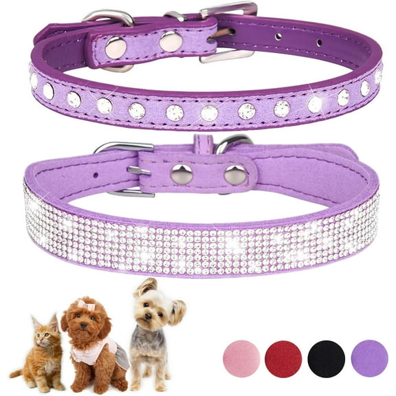 2-Pack Rhinestone Cat Collar Soft Suede Glitter Diamond Jewelry Crystal Girl Puppy Collar with Bow for XXS XS Small Medium Female Dogs & Kitten