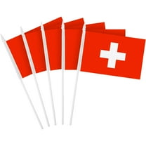 G128 24 Pack Handheld Switzerland Swiss Stick Flags | 4x6 In | Printed 150D Polyester, Country Flag, Solid Plastic Stick, Spear White Tip