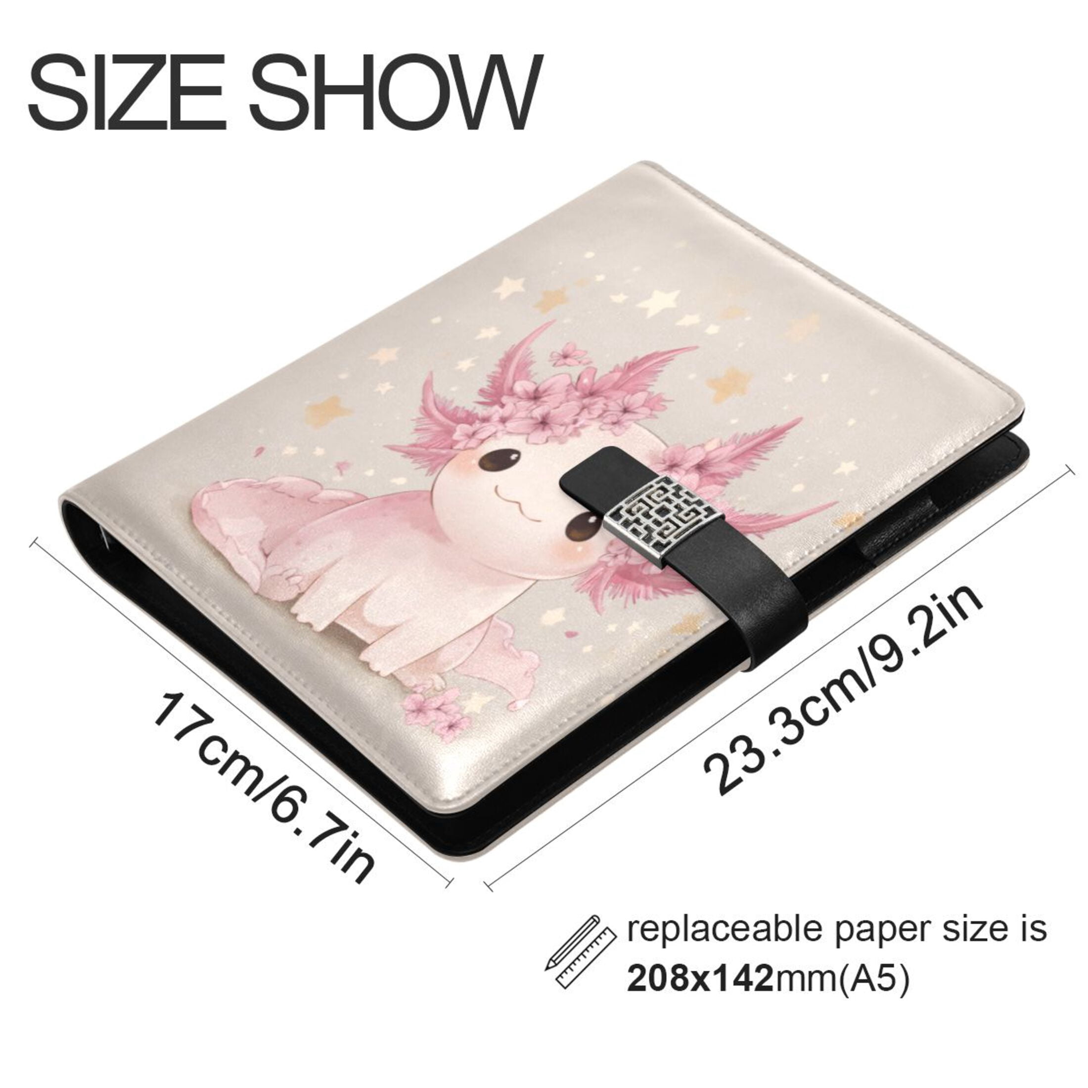 Leather Planner Leather Notebook Notebook Journal Binder Design Pen Pocket Design Convenient for Storage Cute Axolotl Pink