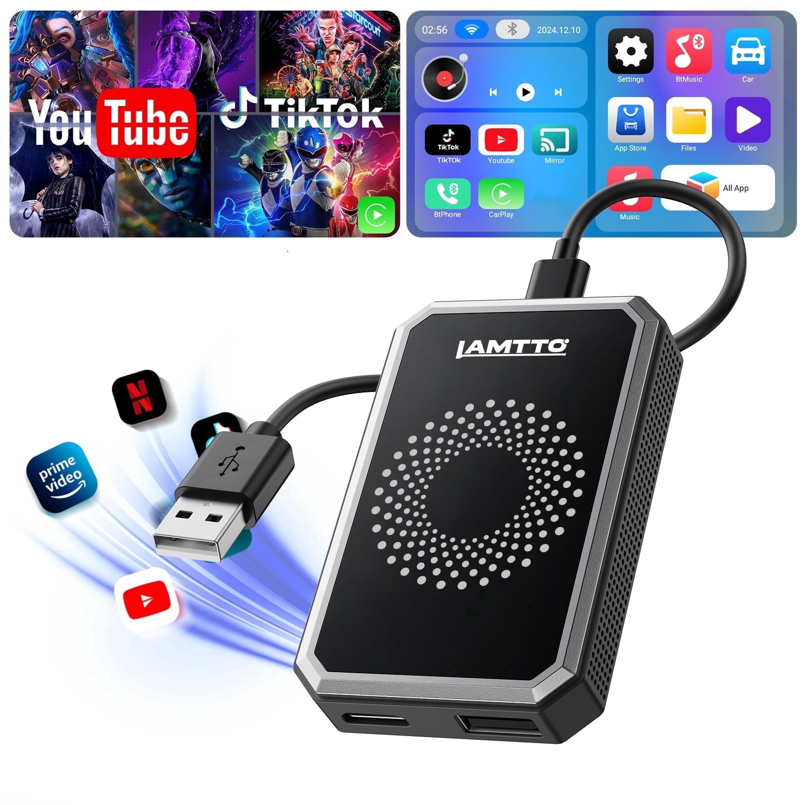 LAMTTO 3-in-1 Wireless Apple CarPlay Adapter & Android Auto, Black AI Box with Video App, Dual WiFi Plug & Play for OEM Wired CarPlay Vehicles (2016+)