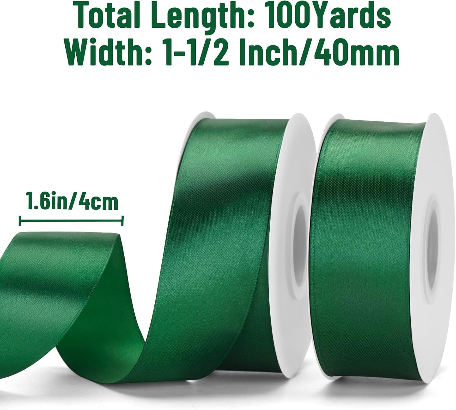 Forest Green Satin Ribbon – 1 1/2'' x 100 Yards Polyester Dark Green Ribbon for Trees Gift Wrapping, Wedding, Party Decoration, DIY Crafts, Floral Bouquets and Wreath Bows