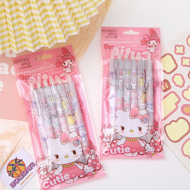 Sanrio-Juego de bolígrafos Kawaii de dibujos animados para niñas, Set de 6 bolígrafos negros de 0,5 MM, papelería de Anime, regalo para estudiantes