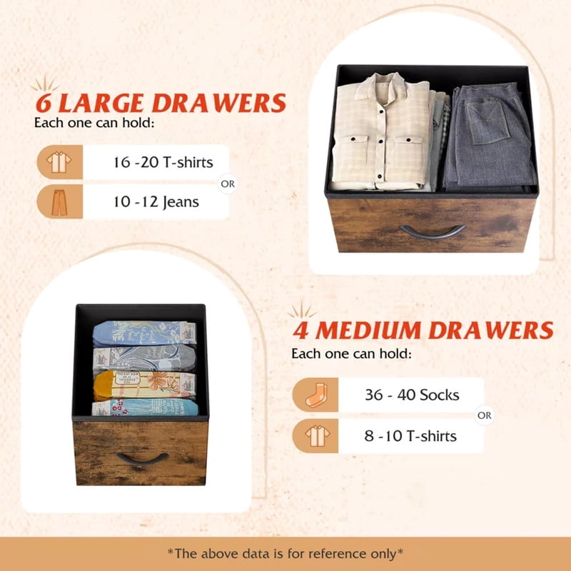Kelno 10 Drawers Fabric Cabinet Metal Frame Wide Wood Top Tall Storage Tower TV Stand Clothes Organizer for Bedroom Living Room,Rust Brown