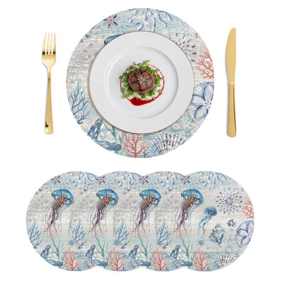 Round Placemats Jellyfish Rustic Wood 15 inch Set of 4 Table Mats for Dining Table Ocean Coral Seashell Heat Resistant Non-Slip Kitchen & Home Decorative Place Mat Set