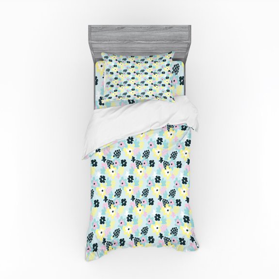 Flower Duvet Cover Set, Abstract Petals in Soft Pastel Toned Modern Sketchy Blooms Modern Print, Bedding Set with Shams and Fitted Sheet, 3 Sizes, by Ambesonne