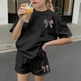 thumbnail image 6 of Girls 2 Piece Outfits Leopard Print Bow Graphic Tee and Shorts Set Cotton Feel Loungewear Black,Size 11-12T, 6 of 6