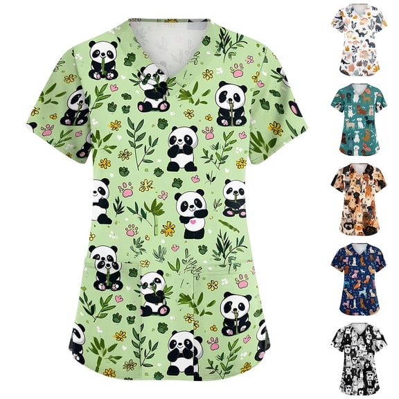 Fun Animal Print Scrub Top for Women, V-Neck Short Sleeve Medical Uniform with Pockets - Breathable Vet Nurse Workwear Tunic Blue L