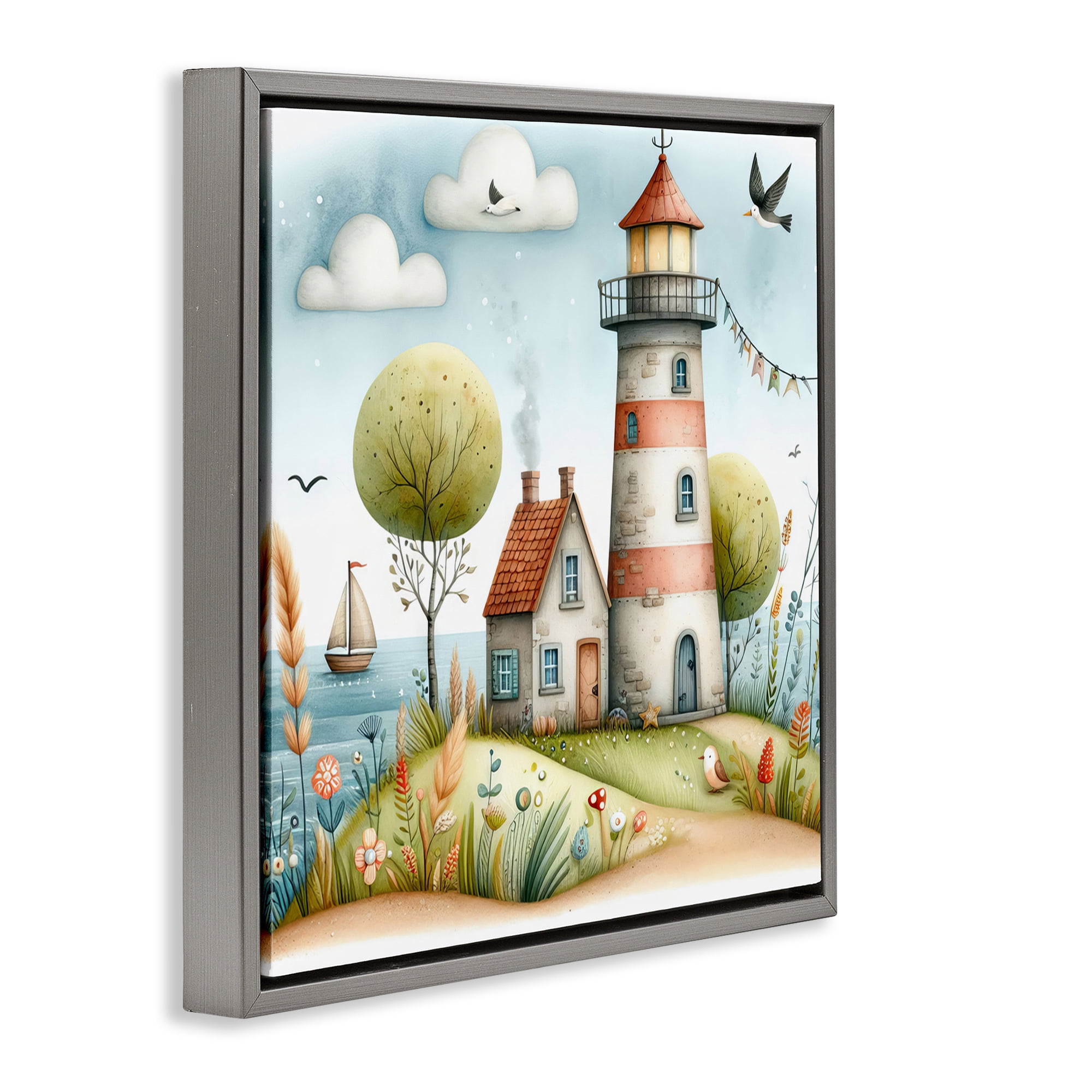 Stupell Industries Nautical Lighthouse Whimsy Nautical & Beach Painting Gray Floater Framed Canvas Art Print Wall Art, 25 x 25