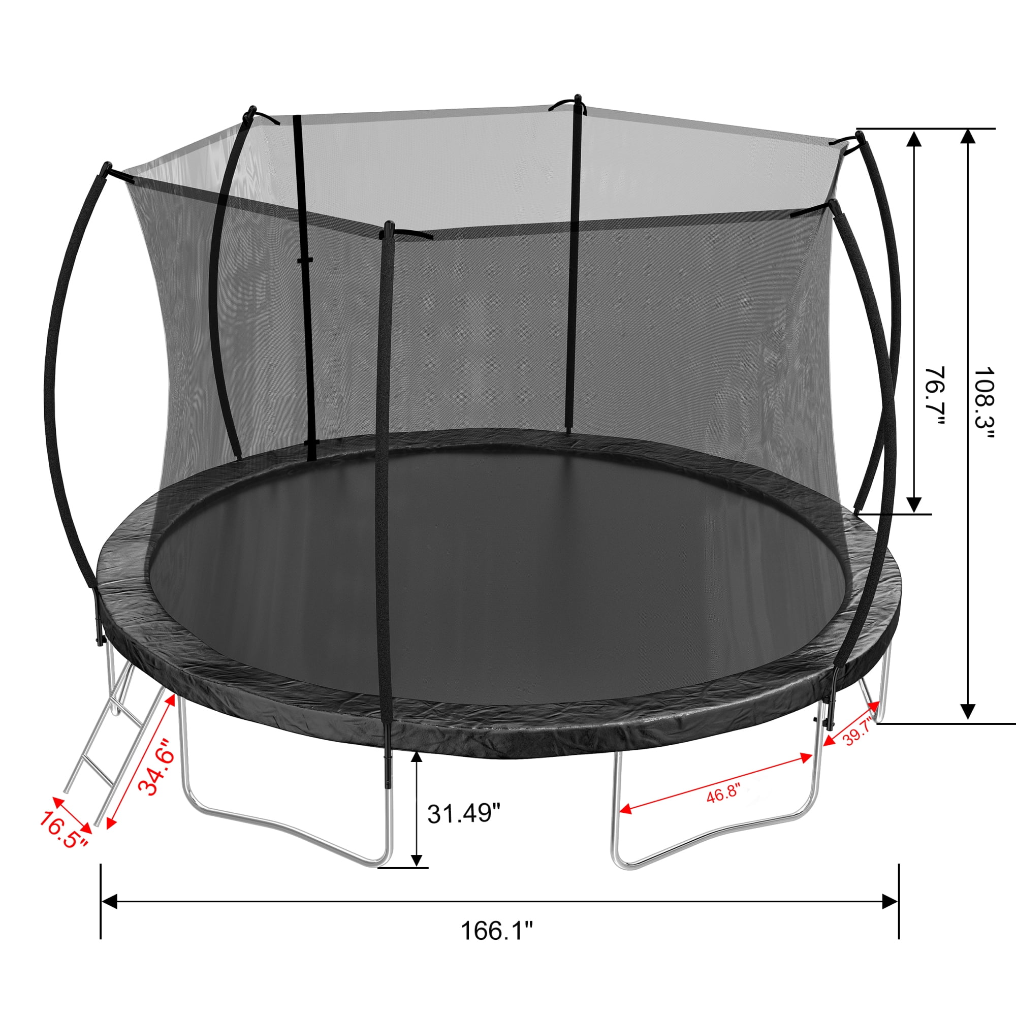 Leumius 12FT Trampoline for Kids and Adults,Outdoor Trampolines with Safety Enclosure Net,Curved Fence Pole,Round Recreational Trampoline with Ladder,Black