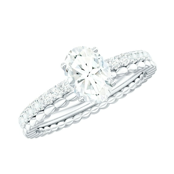 Rosec Jewels Moissanite Oval Engagement Ring 1 Carat - Double Band Ring - 5X7 mm - D-VS1 Quality Certified, 925 Sterling Silver, US 4.00