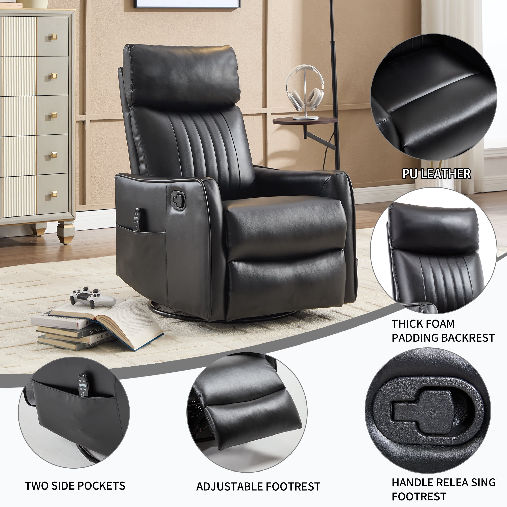 Manual Swivel Rocker Recliner Chair for Adults,Overstuffed Reclining Glider Chair with Vibration Massage & Heat,Upholstered Recliners with Side Pockets for Living Room,Black PU