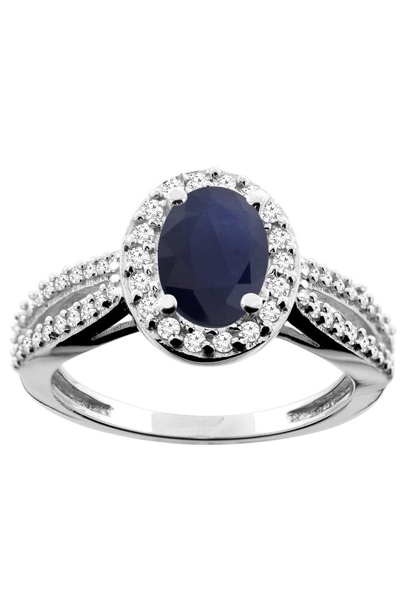 10K White Gold Natural Australian Sapphire Ring Oval 8x6mm Diamond Accent, size 8