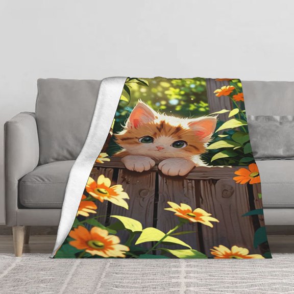 Cozy Flannel Throw Blanket, Lovely Orange Kitten Leaning on Garden Fence with Fresh Blossoms and Sunlit Green Plants Warm Natural Picture Print, Indoor Daily Rest Use.