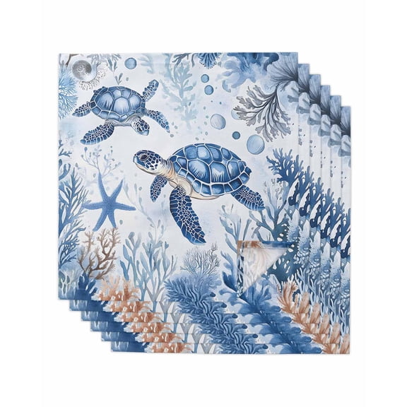 Summer Beach Coastal Cloth Napkins Washable Set of 6, Sea Turtle Coral Nautical Reusable Dinner Table Napkins Cloth Bulk for Weddings Kitchen Restaurants Hotel Events Parties 20 x 20 Inch