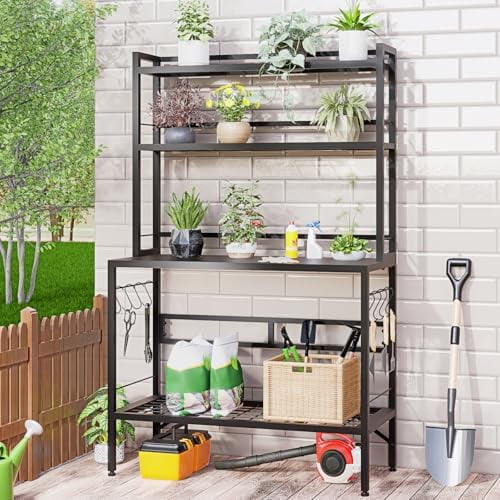 63" H Outdoor Metal Garden Potting Bench&Table with Metal Tabletop, 4-Tier Plant Shelf Rack, 8 Side Hooks, Outdoor/Indoor Gardening Workstation and Plant Stand, Black$$Garden &