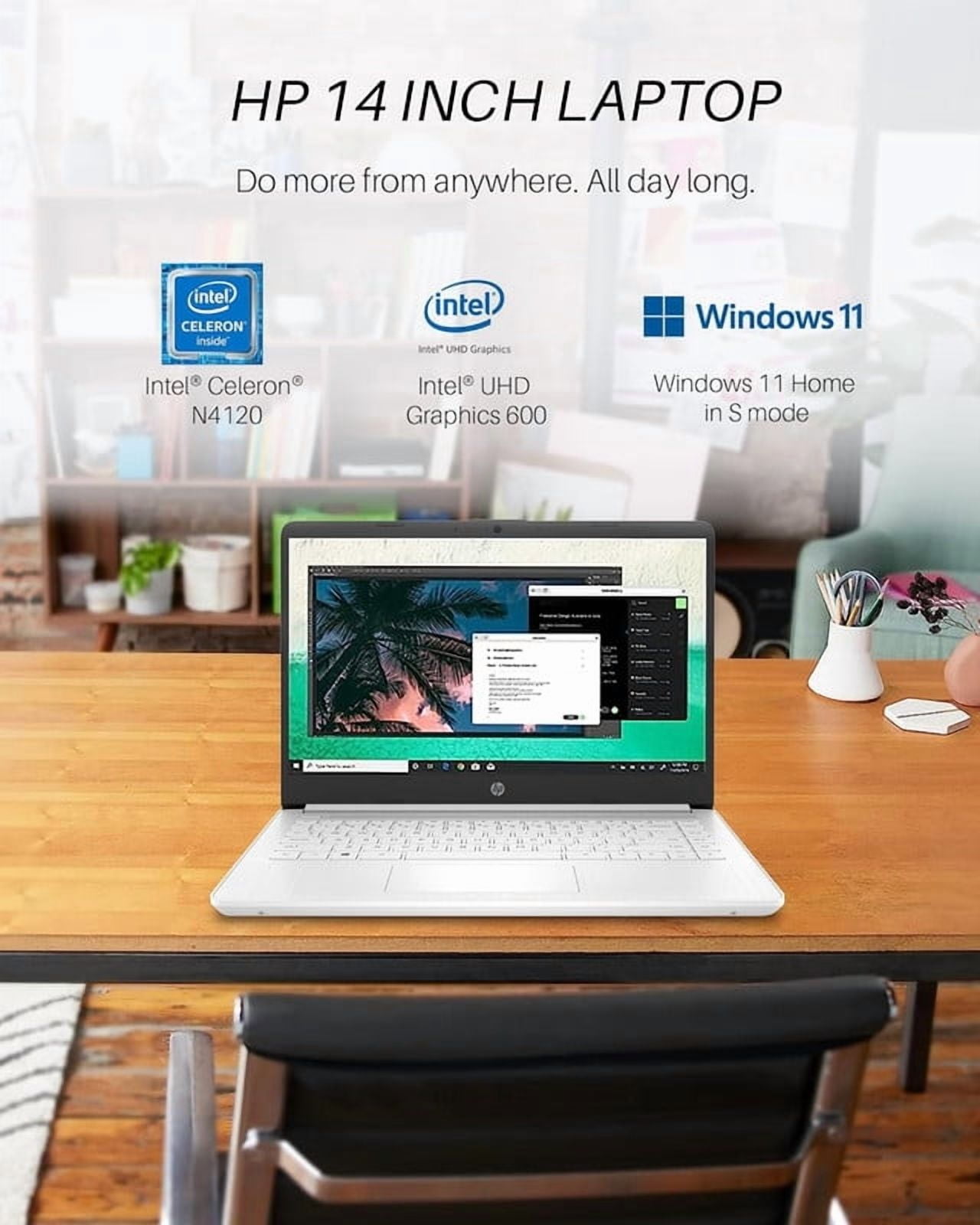 HP 14" HD Laptop for Students & Business, Intel Quad-Core, 16GB RAM, 64GB eMMC, UHD Graphics, Long Battery Life, Webcam, Windows 11 Home (S Mode)