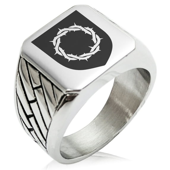 Stainless Steel Crown of Thorns Adversity Coat of Arms Shield Geometric Pattern Biker Style Polished Ring