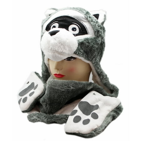 Gray and White Masked Raccoon Furry Plush Hat w/Attached Mittens