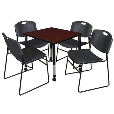 Regency Kee 30" Square Height Adjustable Moblie Classroom Table - Mahogany & 4 Zeng Stack Chairs- Black