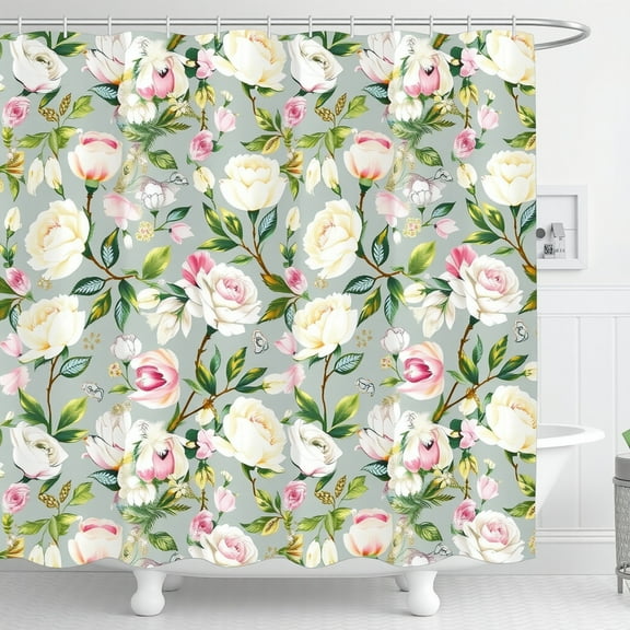 Elegant Light Blue Floral Shower Curtain with Roses & Green Leaves - Fresh Bathroom Decor