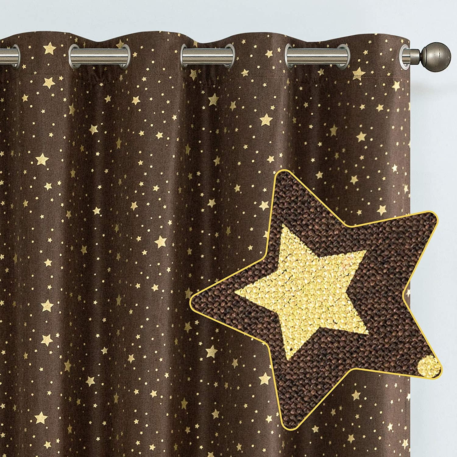 Room Darkening Drapes Gold on Flax Star Design Window Curtains Faux Linen 1 Pair 
