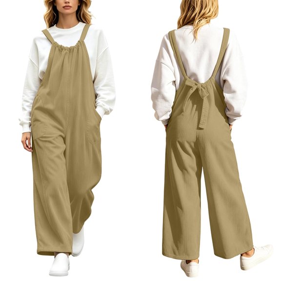 Karymi Shorts for Women Corduroy Overalls Wide Leg Jumpsuit, Adjustable Shoulder Straps Back Tie Bow Loose Casual Long Pants with Side Pockets Jeans for Women