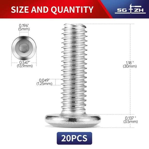 GHRTGR-M8 x 30mm 20Pcs Flat Head Hex Socket Cap Screws Bolts, 304 Stainless Steel 18-8, Full Thread by (with Hex Spanner)
