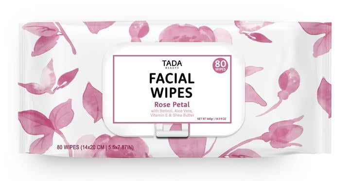 TADA Beauty Rose Petal Makeup Remover Towelettes, 1 Pack of 80ct Facial Cleansing Wipes