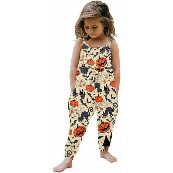 PINQI Birthday Outfits Set for Baby Children Halloween Outfit Baby Kids Jumpsuit Pants Clothes with Pocket Print Sleeveless Strap Jumpsuit(Beige,5-6 Years)