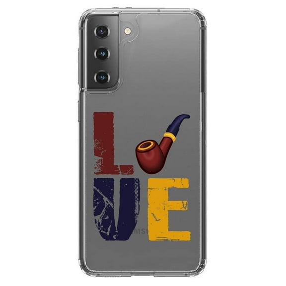 DistinctInk Clear Shockproof Hybrid Case for Galaxy S21  PLUS 5G (6.7" Screen) - TPU Bumper Acrylic Back Tempered Glass Screen Protector - Love Pipe Smoking