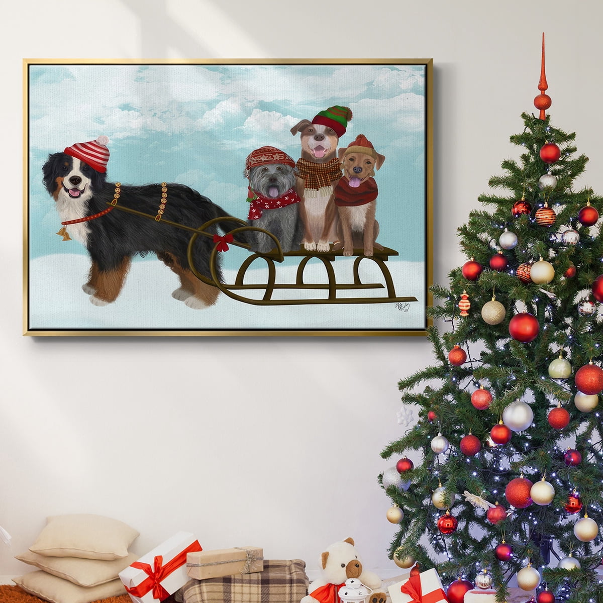 Christmas Mutt Sled - Framed Gallery Wrapped Holiday Canvas - 17 x 25 - Gold Frame