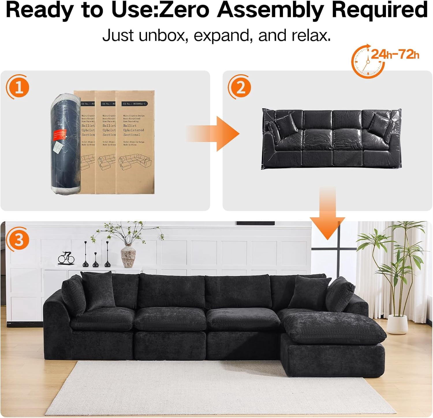 4 Seater Cloud Couch With Ottoman, No Assembly Required Modular Boneless Sofa, Comfy Deep Seat Sectional Sofa for Living Room, Bedroom, Apartment