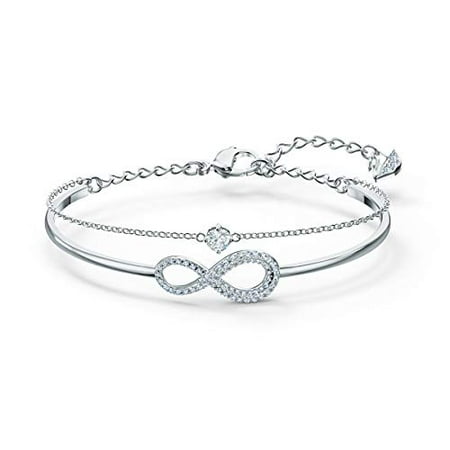 Swarovski Infinity Bangle Bracelet with White Crystal Infinity Symbol on a Rhodium Plated Band, with a Single Crystal on Rhodium Plated Chain